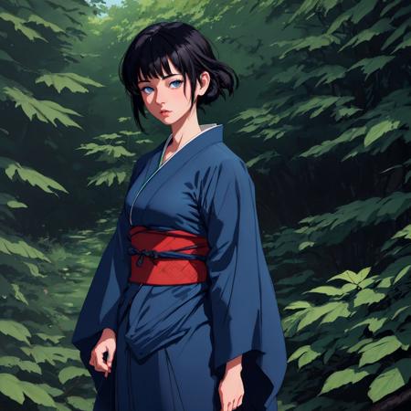 202305192055251670469692-3360635843-((smooth shaded)), painterly texture, portrait, 1girl, short black hair, blue eyes, wearing traditional kimono, standing in myst.jpg